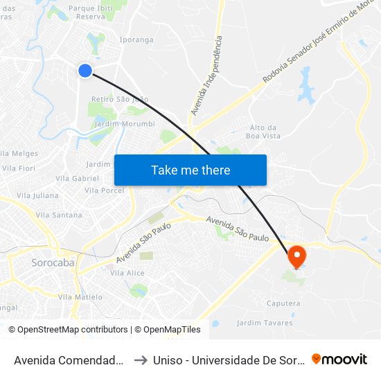 Avenida Comendador Camilo Júlio, 1808 to Uniso - Universidade De Sorocaba Cidade Universitária map