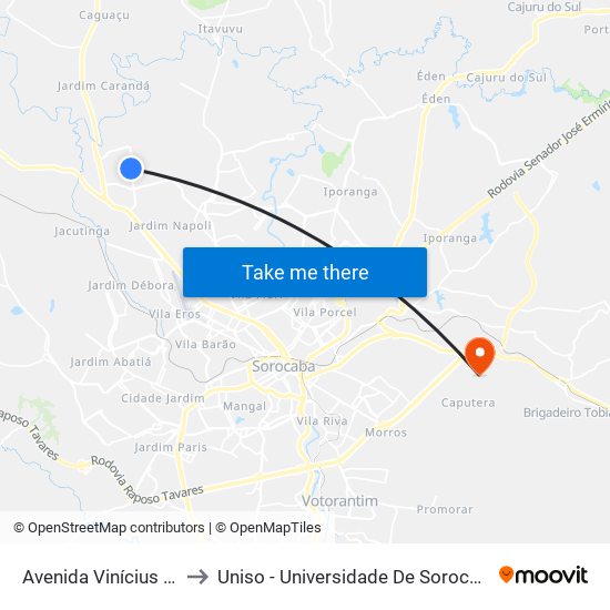 Avenida Vinícius De Moraes, 27 to Uniso - Universidade De Sorocaba Cidade Universitária map