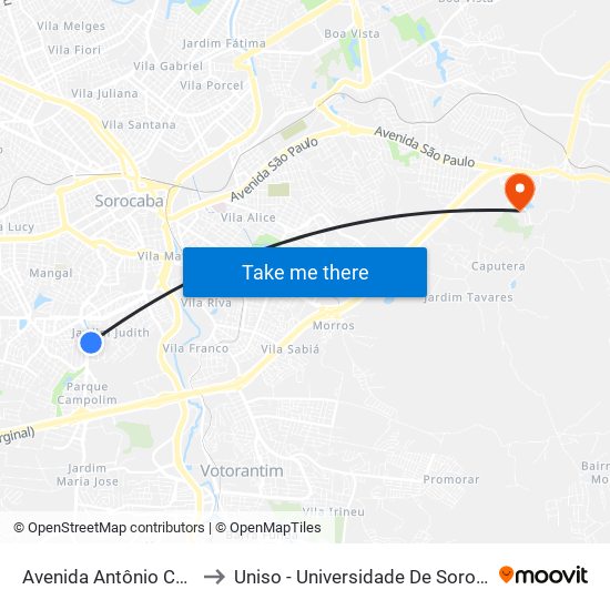 Avenida Antônio Carlos Comitre, 381 to Uniso - Universidade De Sorocaba Cidade Universitária map