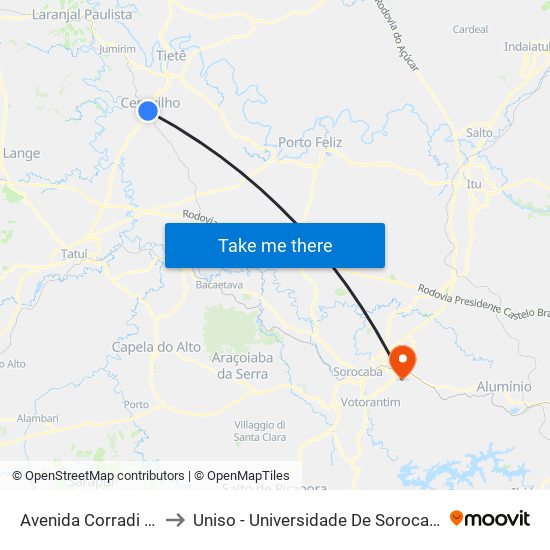 Avenida Corradi Segundo, 175 to Uniso - Universidade De Sorocaba Cidade Universitária map