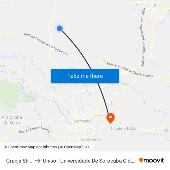 Granja Shinoda to Uniso - Universidade De Sorocaba Cidade Universitária map