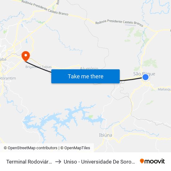 Terminal Rodoviário De São Roque to Uniso - Universidade De Sorocaba Cidade Universitária map