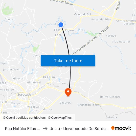 Rua Natálio Elías Fernandes, 151 to Uniso - Universidade De Sorocaba Cidade Universitária map