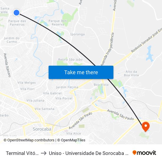 Terminal Vitória Régia to Uniso - Universidade De Sorocaba Cidade Universitária map