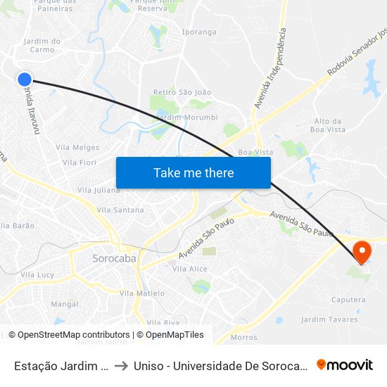 Estação Jardim Atílio Silvano to Uniso - Universidade De Sorocaba Cidade Universitária map