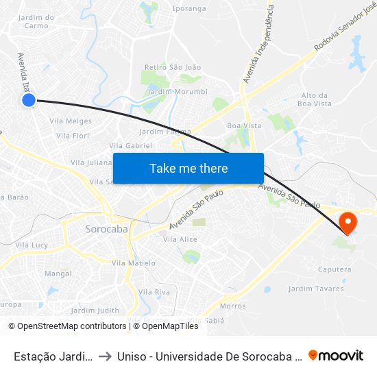 Estação Jardim Paraná to Uniso - Universidade De Sorocaba Cidade Universitária map