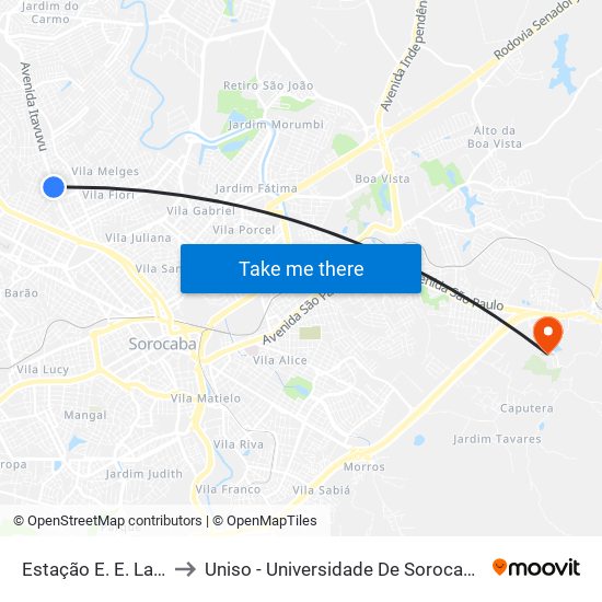 Estação E. E. Lauro Sanchez to Uniso - Universidade De Sorocaba Cidade Universitária map