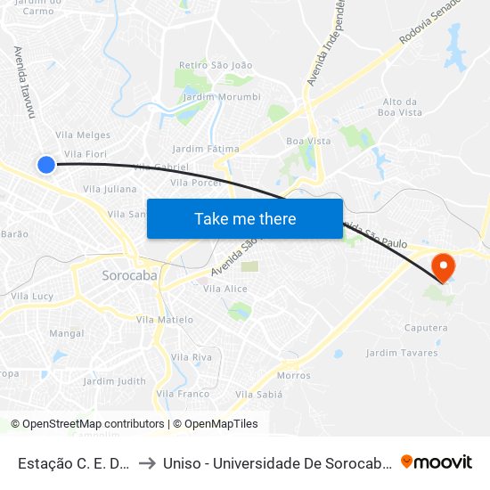 Estação C. E. Doutor Pitico to Uniso - Universidade De Sorocaba Cidade Universitária map