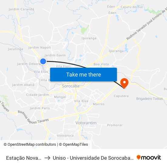 Estação Nova Sorocaba to Uniso - Universidade De Sorocaba Cidade Universitária map