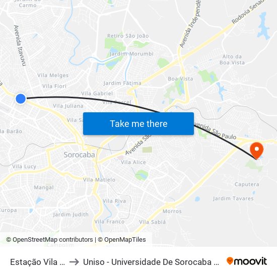 Estação Vila Angélica to Uniso - Universidade De Sorocaba Cidade Universitária map