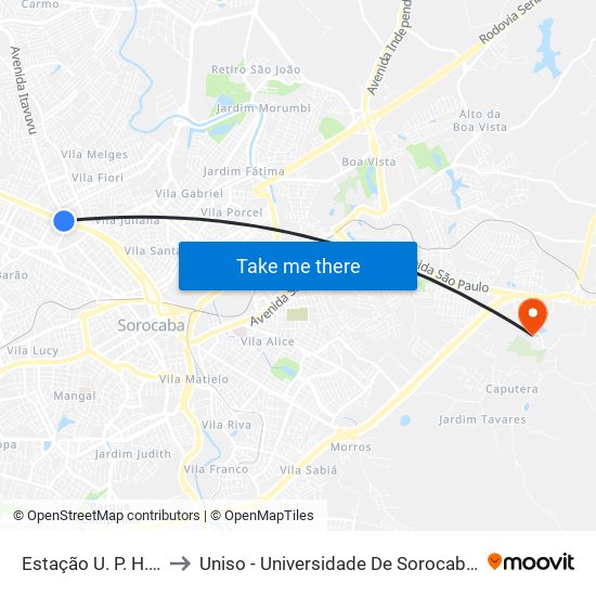 Estação U. P. H. Zona Norte to Uniso - Universidade De Sorocaba Cidade Universitária map