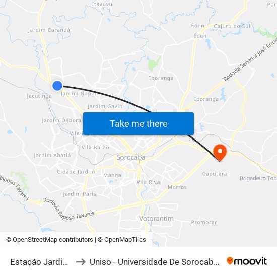 Estação Jardim Botucatu to Uniso - Universidade De Sorocaba Cidade Universitária map