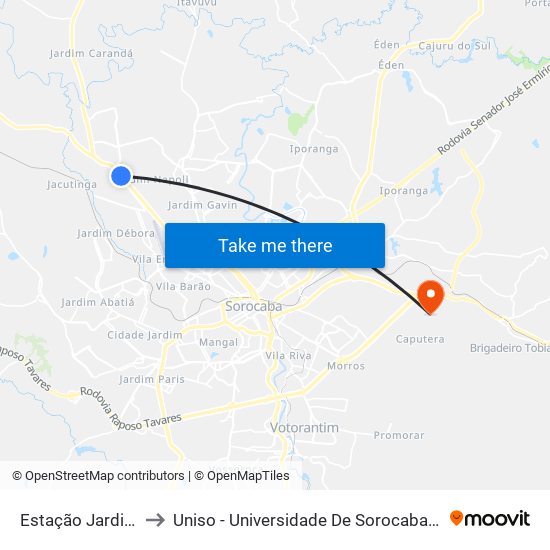 Estação Jardim Betânia to Uniso - Universidade De Sorocaba Cidade Universitária map