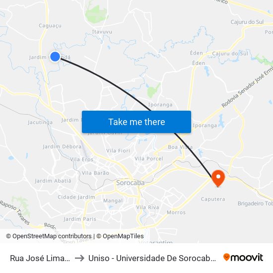 Rua José Lima Duarte, 21 to Uniso - Universidade De Sorocaba Cidade Universitária map