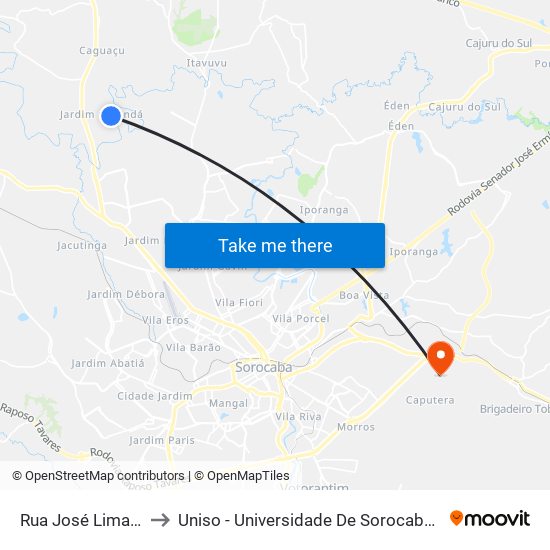 Rua José Lima Duarte, 21 to Uniso - Universidade De Sorocaba Cidade Universitária map