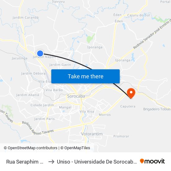Rua Seraphim Banietti, 571 to Uniso - Universidade De Sorocaba Cidade Universitária map