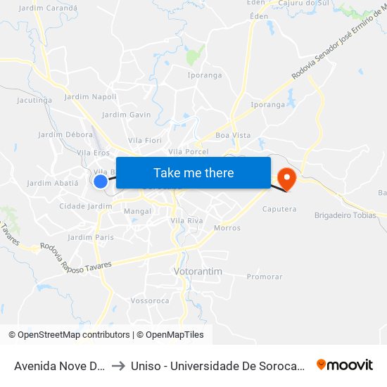 Avenida Nove De Julho, 430 to Uniso - Universidade De Sorocaba Cidade Universitária map
