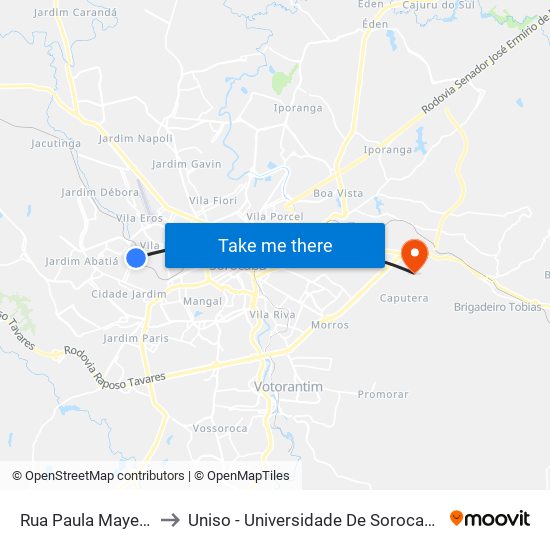 Rua Paula Mayer Cattini, 420 to Uniso - Universidade De Sorocaba Cidade Universitária map