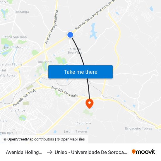 Avenida Holingsworth, 1219 to Uniso - Universidade De Sorocaba Cidade Universitária map