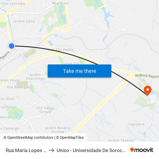 Rua Maria Lopes Monteiro, 268 to Uniso - Universidade De Sorocaba Cidade Universitária map