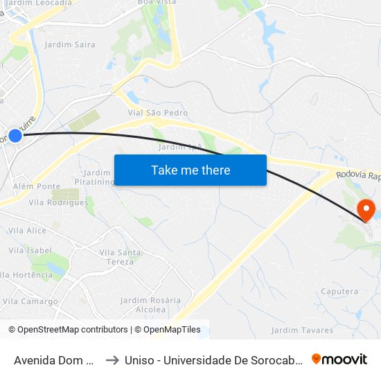 Avenida Dom Aguirre, 188 to Uniso - Universidade De Sorocaba Cidade Universitária map