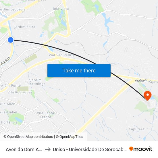 Avenida Dom Aguirre, 2121 to Uniso - Universidade De Sorocaba Cidade Universitária map