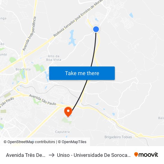 Avenida Três De Março, 4460 to Uniso - Universidade De Sorocaba Cidade Universitária map
