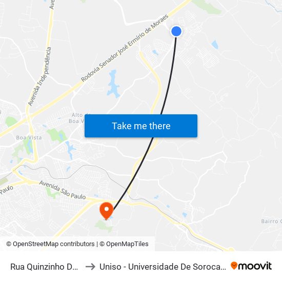 Rua Quinzinho De Moraes, 116 to Uniso - Universidade De Sorocaba Cidade Universitária map