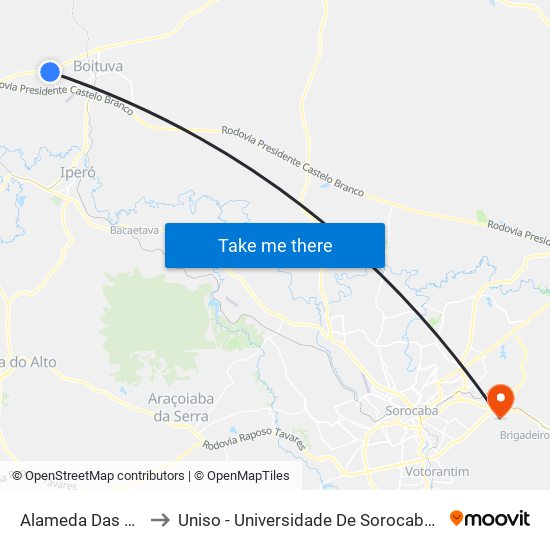 Alameda Das Ararás, 600 to Uniso - Universidade De Sorocaba Cidade Universitária map