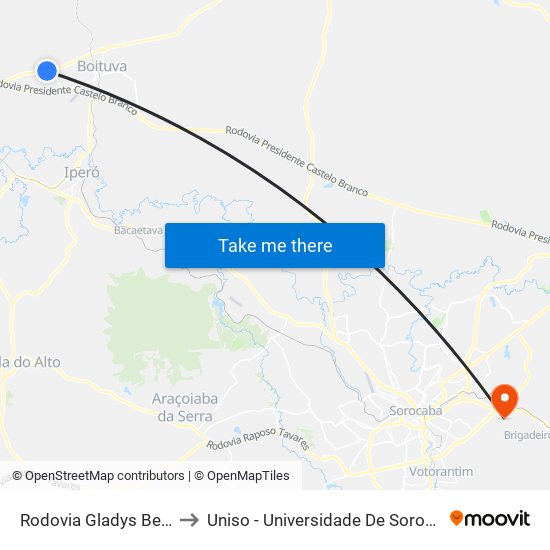 Rodovia Gladys Bernardes Minhoto to Uniso - Universidade De Sorocaba Cidade Universitária map