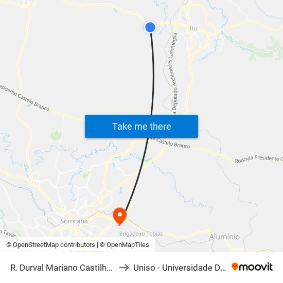 R. Durval Mariano Castilho 41 - Chácara Flórida Itu - SP Brasil to Uniso - Universidade De Sorocaba Cidade Universitária map