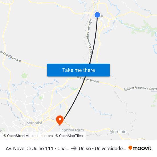 Av. Nove De Julho 111 - Chácaras Reunidas Ipê Itu - SP 13313-100 Brasil to Uniso - Universidade De Sorocaba Cidade Universitária map