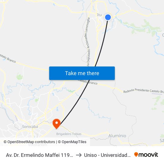 Av. Dr. Ermelindo Maffei 1199 - Chácaras Primavera Itu - SP 13302-231 Brasil to Uniso - Universidade De Sorocaba Cidade Universitária map