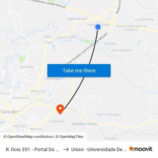 R. Dois 351 - Portal Do Éden Itu - SP 13308-501 Brasil to Uniso - Universidade De Sorocaba Cidade Universitária map