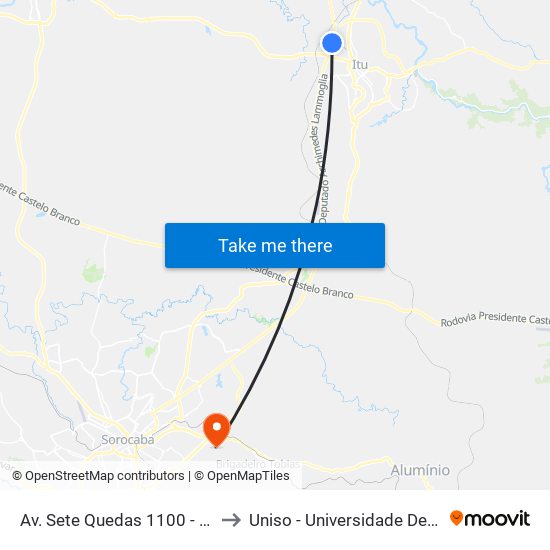 Av. Sete Quedas 1100 - Bairro Progresso Itu - SP Brasil to Uniso - Universidade De Sorocaba Cidade Universitária map
