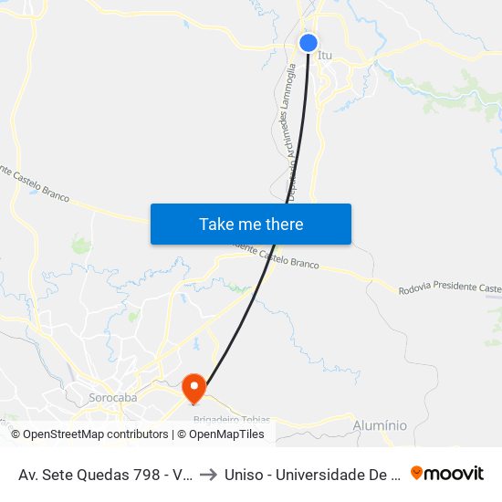 Av. Sete Quedas 798 - Vila Padre Bento Itu - SP Brasil to Uniso - Universidade De Sorocaba Cidade Universitária map