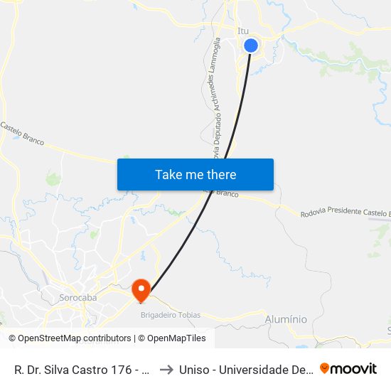 R. Dr. Silva Castro 176 - Centro Itu - SP 13309-060 Brasil to Uniso - Universidade De Sorocaba Cidade Universitária map