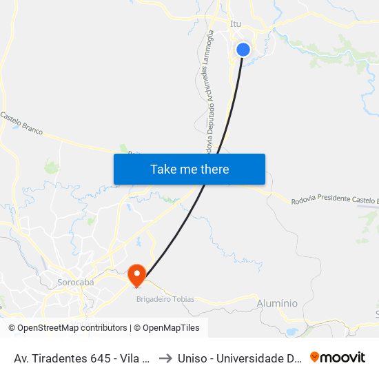 Av. Tiradentes 645 - Vila Gardiman Itu - SP 13309-320 Brasil to Uniso - Universidade De Sorocaba Cidade Universitária map
