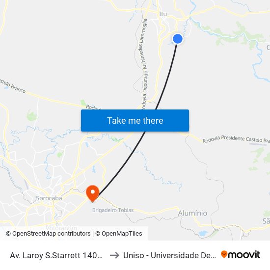 Av. Laroy S.Starrett 1400 - Rancho Grande Itu - SP Brasil to Uniso - Universidade De Sorocaba Cidade Universitária map