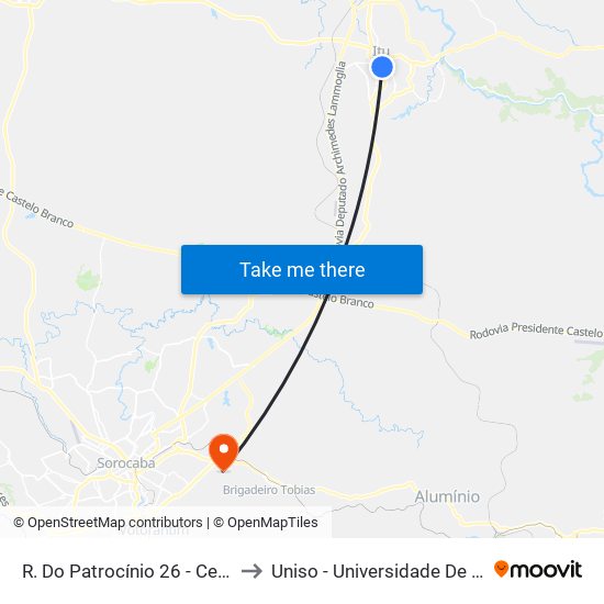 R. Do Patrocínio 26 - Centro Itu - SP 13300-200 Brasil to Uniso - Universidade De Sorocaba Cidade Universitária map