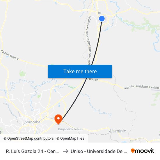 R. Luís Gazola 24 - Centro Itu - SP 13300-053 Brasil to Uniso - Universidade De Sorocaba Cidade Universitária map