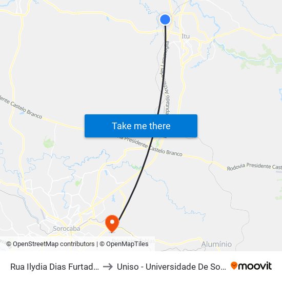 Rua Ilydia Dias Furtado Itu - São Paulo Brasil to Uniso - Universidade De Sorocaba Cidade Universitária map