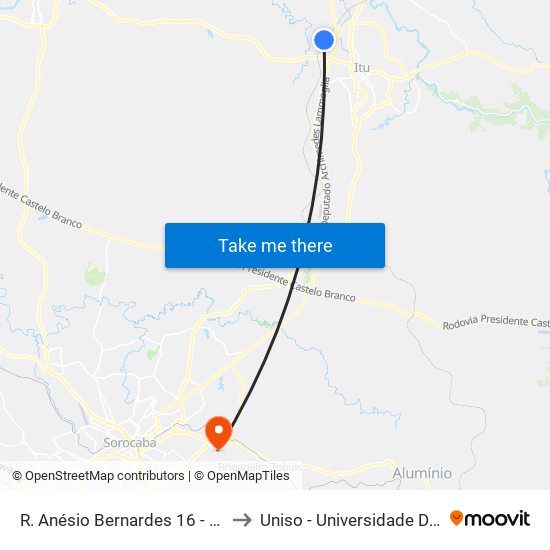 R. Anésio Bernardes 16 - Cantagalo Itu - SP 13328-300 Brasil to Uniso - Universidade De Sorocaba Cidade Universitária map