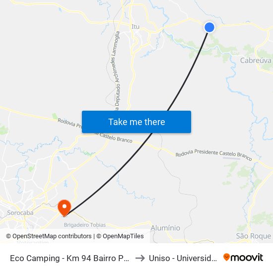 Eco Camping - Km 94 Bairro Pedregulho Rod. Dom Gabriel Paulino Bueno Couto Itu - SP Brasil to Uniso - Universidade De Sorocaba Cidade Universitária map