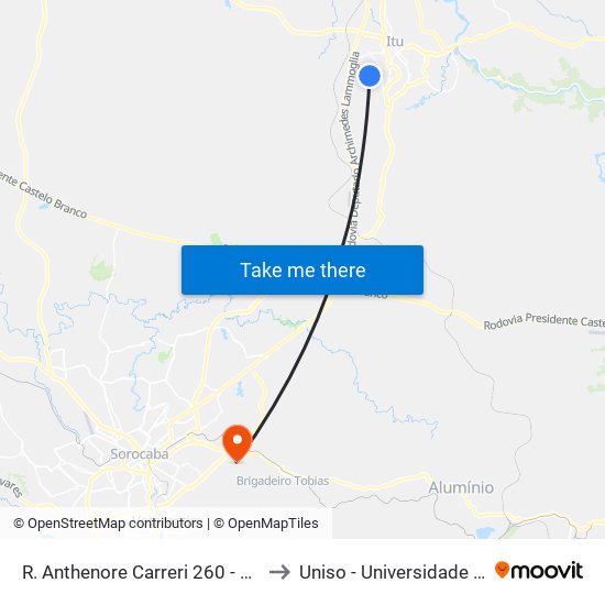 R. Anthenore Carreri 260 - Jardim Res. Itaim Itu - SP 13310-160 Brasil to Uniso - Universidade De Sorocaba Cidade Universitária map