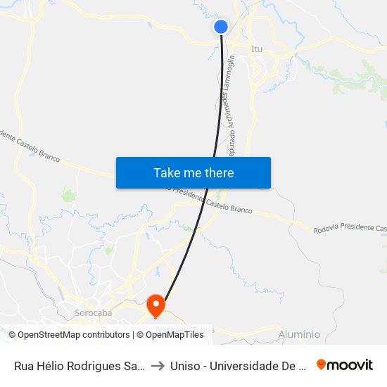 Rua Hélio Rodrigues Sampaio Itu - São Paulo Brasil to Uniso - Universidade De Sorocaba Cidade Universitária map