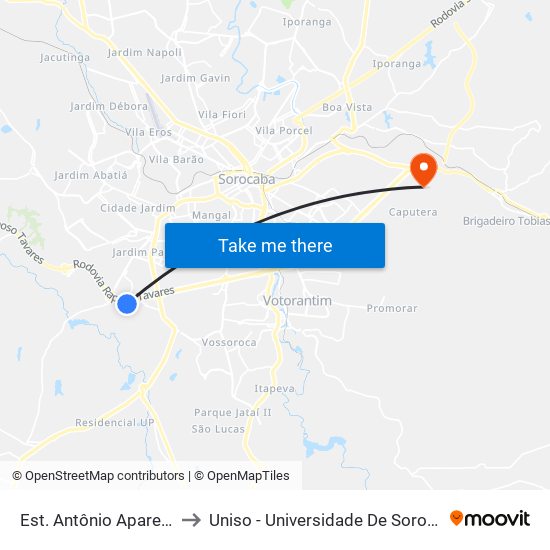 Est. Antônio Aparecido Ferraz, 1505 to Uniso - Universidade De Sorocaba Cidade Universitária map