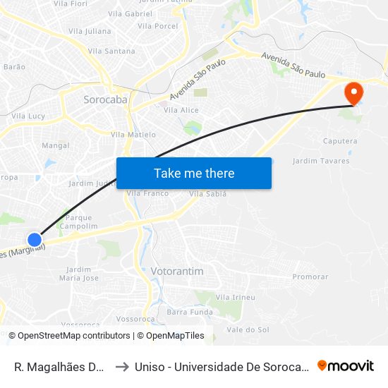 R. Magalhães De Noronha, 52 to Uniso - Universidade De Sorocaba Cidade Universitária map