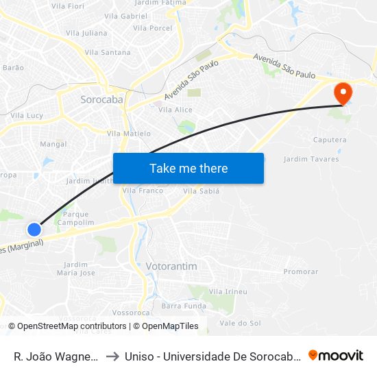 R. João Wagner Wey, 1651 to Uniso - Universidade De Sorocaba Cidade Universitária map