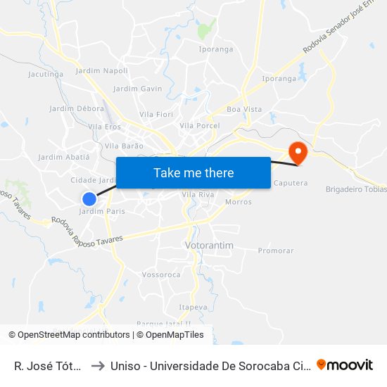 R. José Tótora, 148 to Uniso - Universidade De Sorocaba Cidade Universitária map